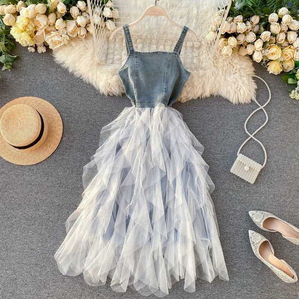 

retro denim stitching irregular mesh dress in long suspenders dress 2020 summer new woman clothes, Black;gray