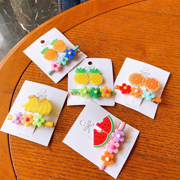 

2 pcs new korean children cute colorful resin fruit flower duckbill clip sweet girl princess fashion hairpins hair accessories, Slivery;white