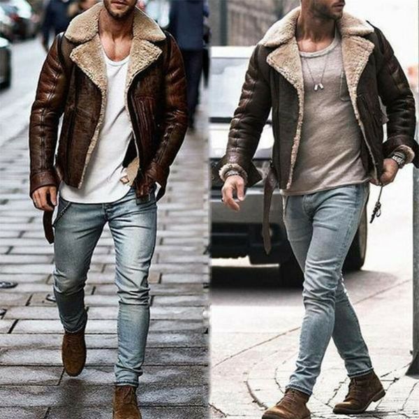 

men's wool leather coat outwear overcoat jacket casual winter warm long sleeve turn down collar fleece male coats top, Black
