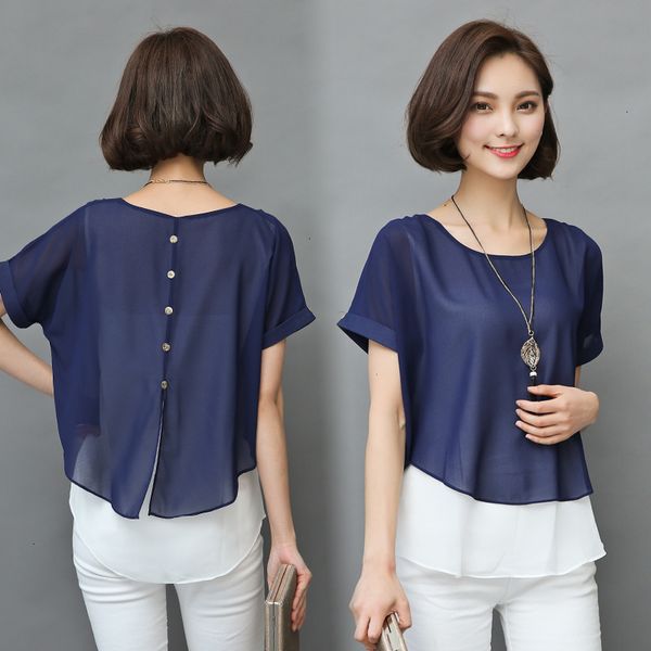 

women blouse ladies designer summer 2019 blouse women short sleeve chiffon shirt ladies fake piece blusas femininas loose, White