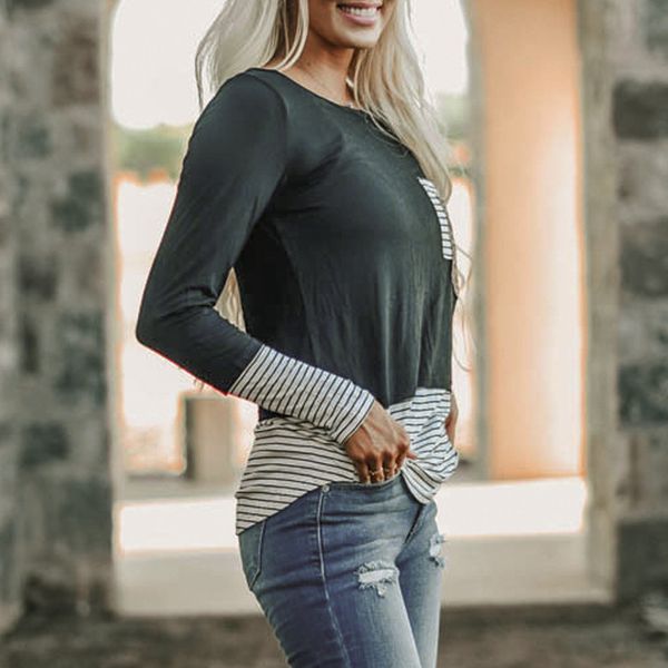 

womens stripe pocket sequins splicing t-shirt long sleeves o-neck easy shirt lady tee shirt femme pullover plus size, White