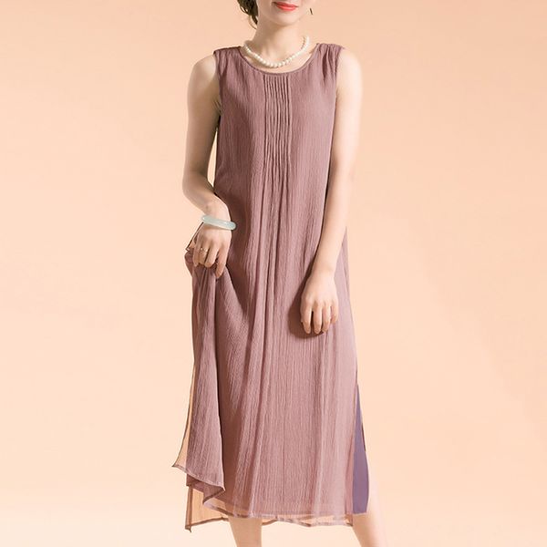 

easehut plus size linen dress women sleeveless slit lined 2 piece summer dress and sundress ladies casual ruched midi dresses, Black;gray