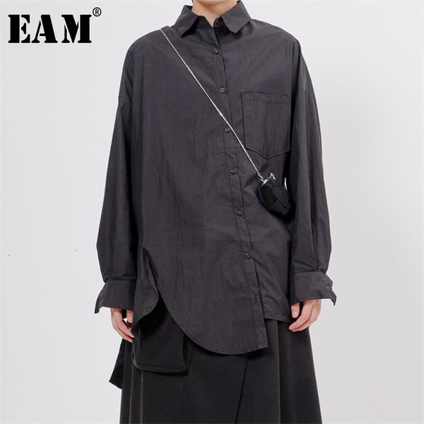 

eam] women black asymmetrical big size blouse new lapel long sleeve loose fit shirt fashion tide spring autumn 2019 1k309, White