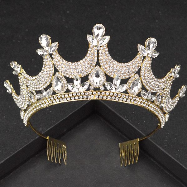 

european luxury baroque bride crown handmade crystal wedding hair accessories fashion ladies gold and silver headdress, Golden;white