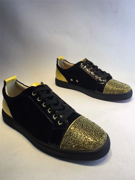 

2019 fashion men women lady gold black strass crystal low sneakers casual flat shoes lace up boots flat red sole bottom