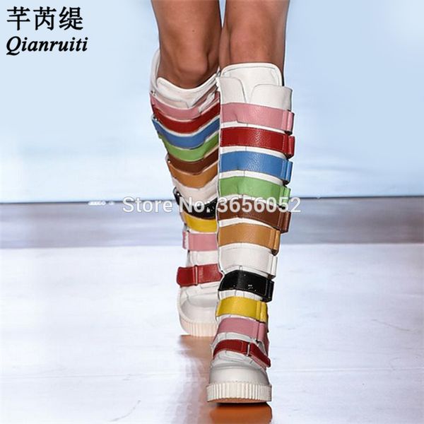 

qianruiti mixed colors runway shoes autumn winter thick flats platform botas women magic sticker rainbow strap knee high boots, Black