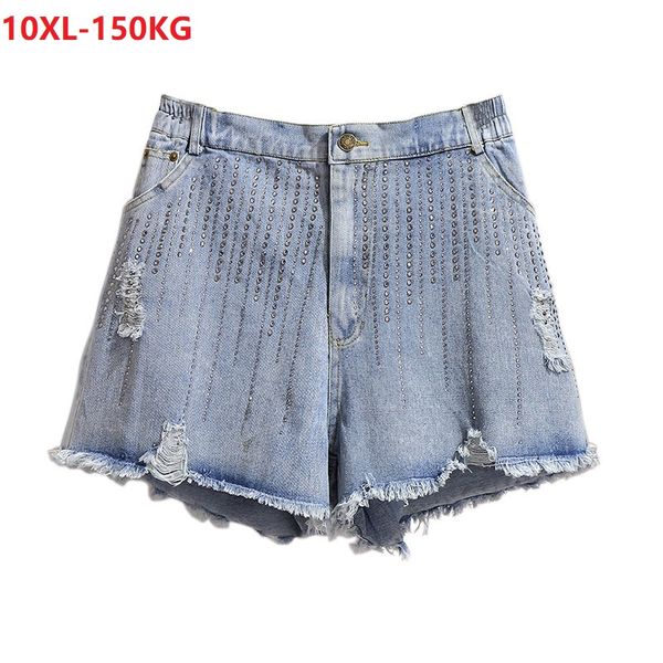 

summer women denim shorts plus size jeans 10xl 8xl scratched diamonds oversize wide leg shorts elasticity high streetwear jeans, Blue