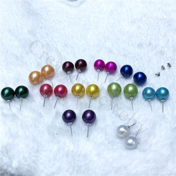 

handmade stud pearls sterling silver s925 10-11 mm edison 11 colors for choose colorful earrings, Golden;silver