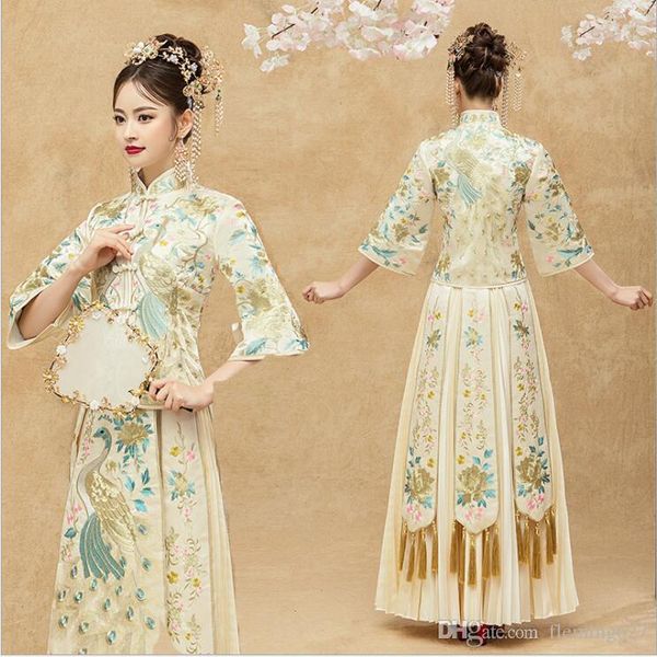 Новый Elegent шампанских свадебного платья невесты платья китайского Robe этническое кимоно показать Традиционные свадебный Cheongam Для заморского Азиата
