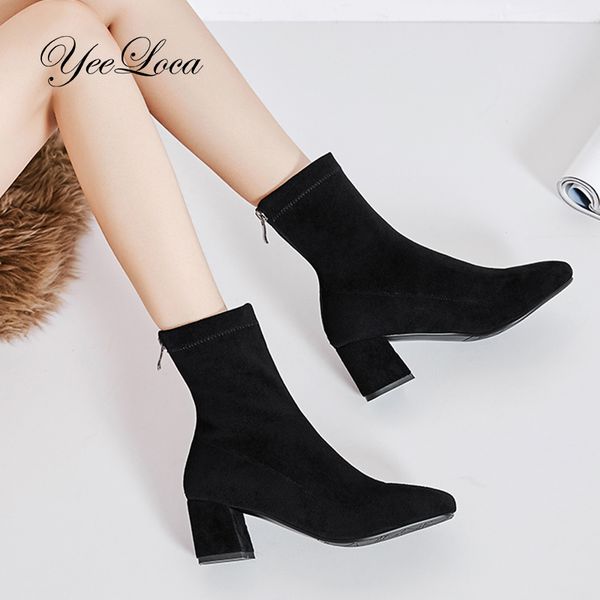 

comfort stretch sock boots women winter shoes 6cm square heel suede leather ankle boots with back zip block heel classic booties, Black