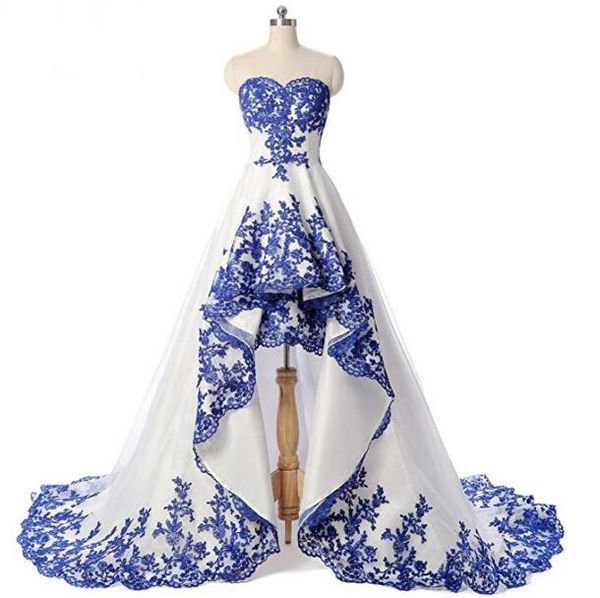 

white and royal blue lace appliques high low wedding dresses sweetheart sleeveless short front long back organza bridal gowns high quality