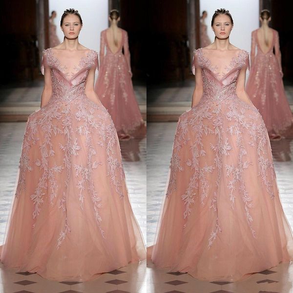 

Tony Ward 2019 Lace Prom Dresses Sheer Jewel Neck Appliqued Blush A Line Tulle Evening Gowns Elegant Beaded Long Formal Party Dresses