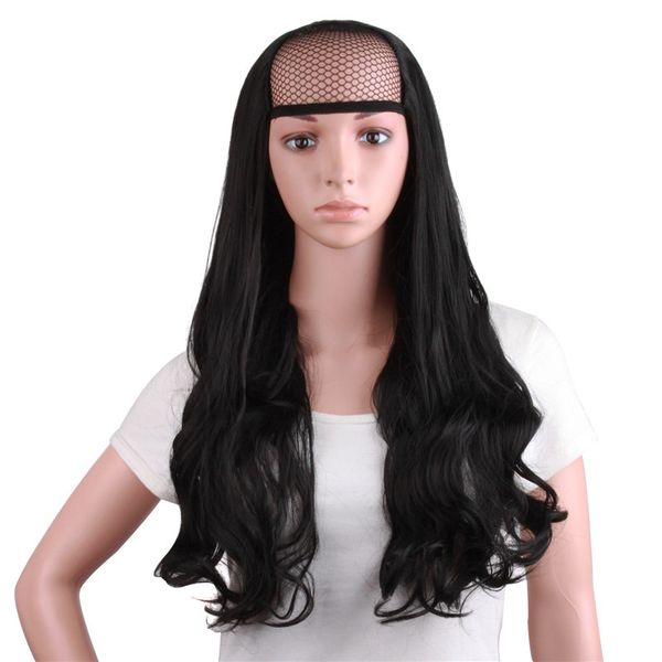 Black Long Curly U Shaped Half Wigs For Women Natural Heat
