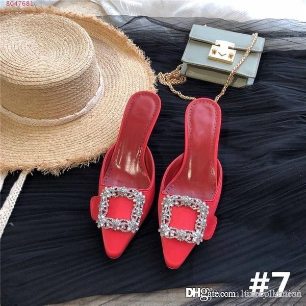 

women latest diamond square buckle high-heeled pointed head silk sandals with stiletto pattern slippers heel height 5.5 cm with box 34-41, Black