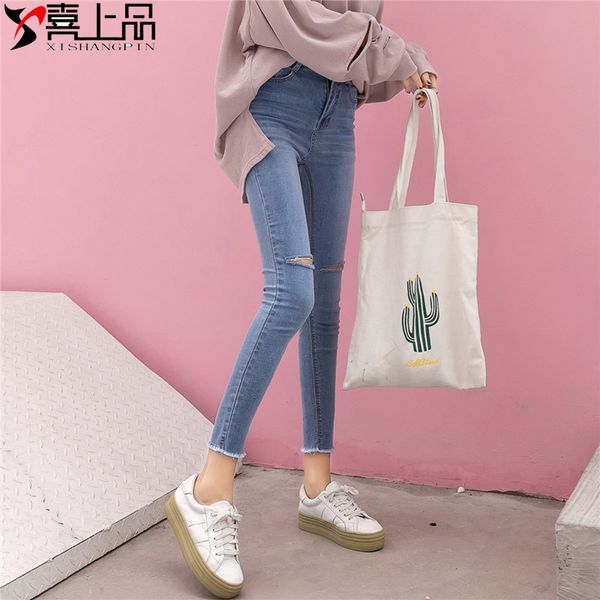 

2019 весна средняя талия с отверстиями джинсы женское девятых штаны корейский стиль chic ветер tight эластичность тощий карандаш брюки, Blue