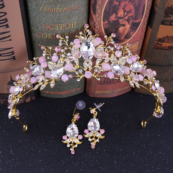 

gold wedding crown bridal tiaras with earrings pink purple headband for women and girls (pink, Golden;white