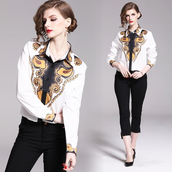 

selling fashion spring fall casual shirts runway women's long sleeve blouses beautiful office lady business floral printed shirt, White