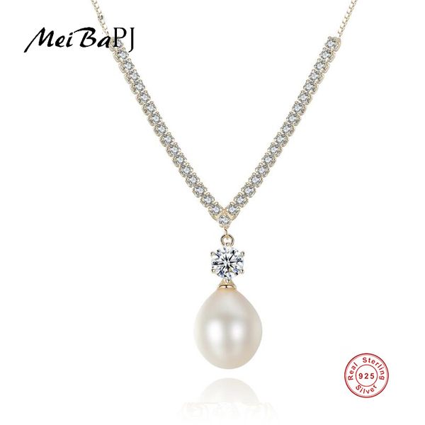 

meibapj]real freshwater pearl simple personality golden pendant necklace 925 solid silver fine jewelry for women