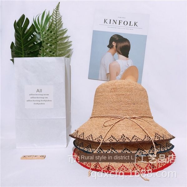 

triangle side lafite grass toque straw basin straw woven beach hat beach vacation tourism sunshade female hat, Blue;gray