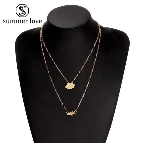 

women fashion creative airplane cloud pendant necklace gold double chain personality exquisite choker necklace party jewelry accessories, Silver