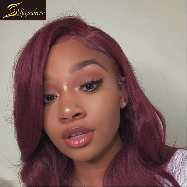 

body wave 13Ã6 lace front human hair wigs deep part preplucked wine red burgundy colored human hair wigs with baby peruvian, Black;brown