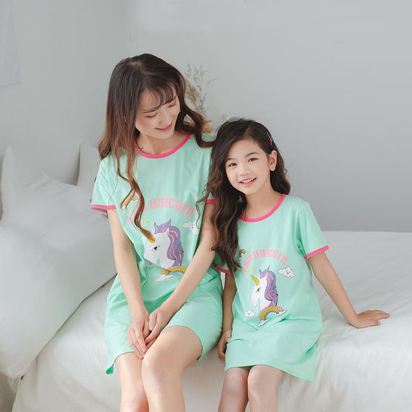 

summer new children's nightdress unicorn nightgown baby mother and child cotton pajamas girls parent-child dress kids princess, Blue;red