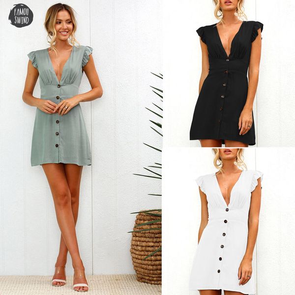 

ruffle dress summer 2019 new women sleeve waist tightening mini dress beach party with button designer clothes, Black;gray