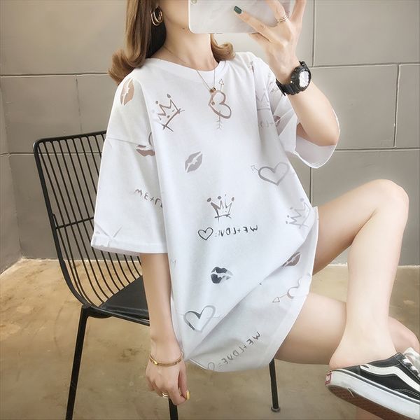 

large-size short-sleeved t-shirt female 2020 fashionable large-size women's western-style fat mm200 jin loose round collar top, White