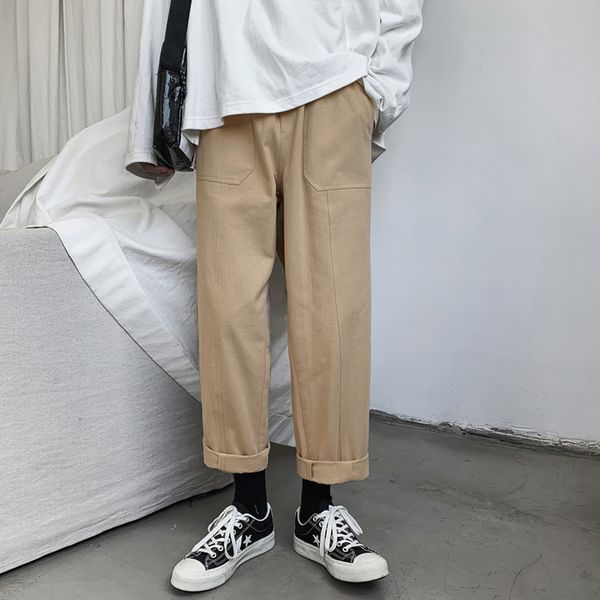 

autumn new pants men's fashion solid color casual tooling trousers man streetwear wild hip hop loose straight joggers sweatpants, Black