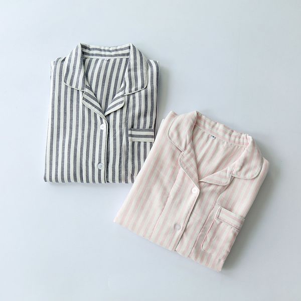 

spring ma'am home furnishing serve pajamas suit thickening double-deck yarn pure cotton nothing printing width stripe lapel, Blue;gray