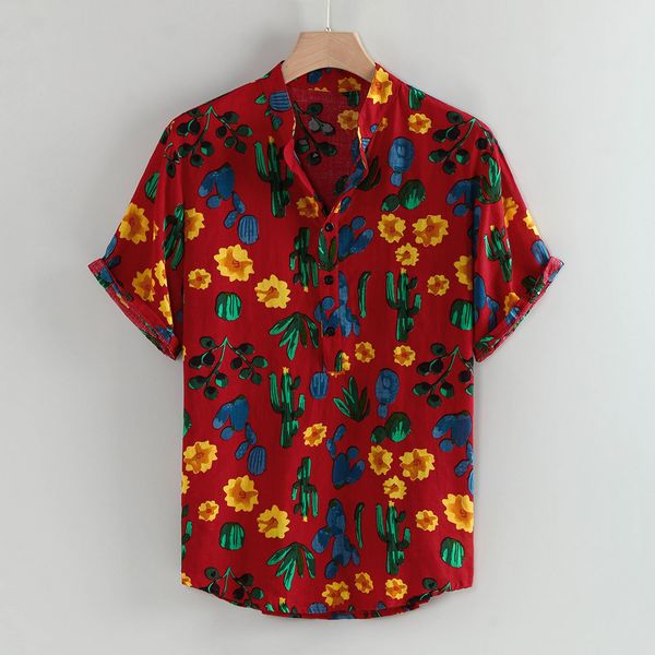 

men's shirt summer fashion short sleeve shirt lapel leaf print turn-down collar loose blouse streetwear camisa masculina, White;black