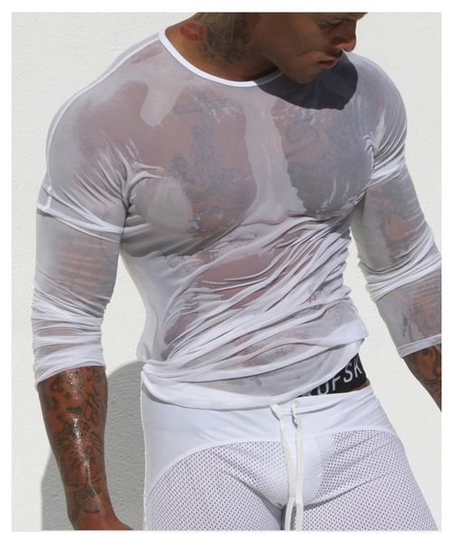 

тис мужчины смотрите через mesh thirts sexy perspective длинные рукава o шеи sheer tops casual homme, White;black