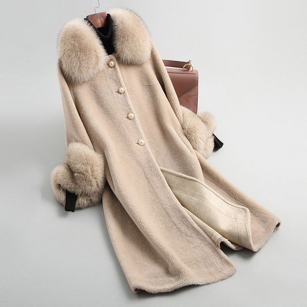 

natural wool coat women beading button real fox fur collar cuff fashion fur jacket new 2019 autumn winter, Black