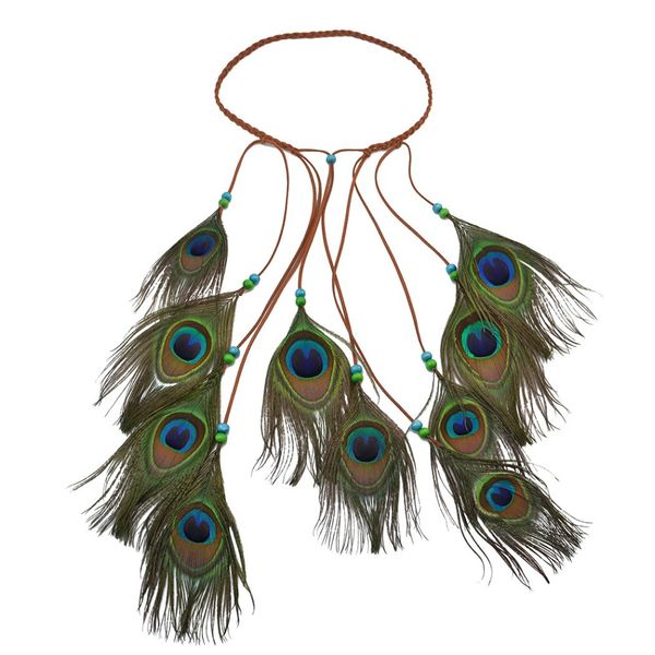 

peacock feather rope crown headpiece hairband boho elastic gypsy festival headband for women fashion hair accessories, Golden;white