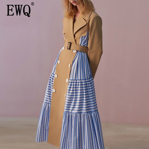 

ewq] 2019 new spring summer lapel long sleeve blue striped split joint loose personality windbreaker women trench fashion jw827, Tan;black