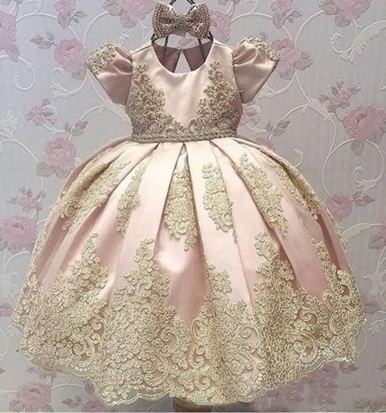 

pink short sleeve flower girl dresses satin appliques bow little girls pageant dresses kids child birthday party dress, Red;yellow