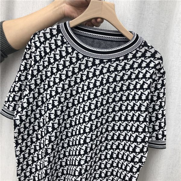 

2020 spring new letter women shirt jacquard casual round neck slim sweater short sleeve t-shirt, White
