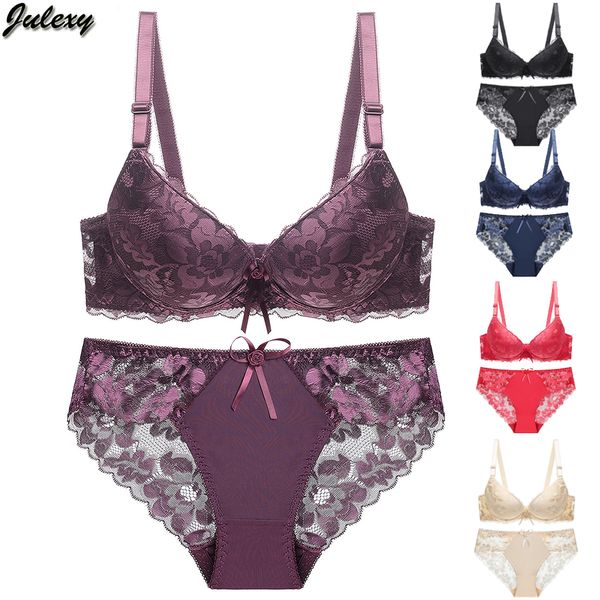 

julexy нового 2020 sexy c d cup push up bra brief set большого размер solid 6 цвета женщина бюстгальтер шнурок hollow нижнего белья panty se, Red;black