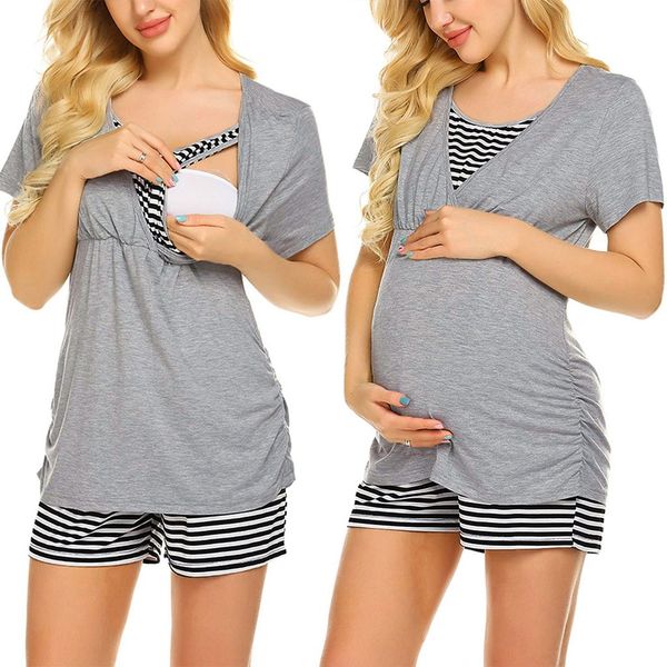 

women maternity breastfeeding nursing short sleeve nursing baby t-shirt+striped shorts pajamas set pijama maternal, White