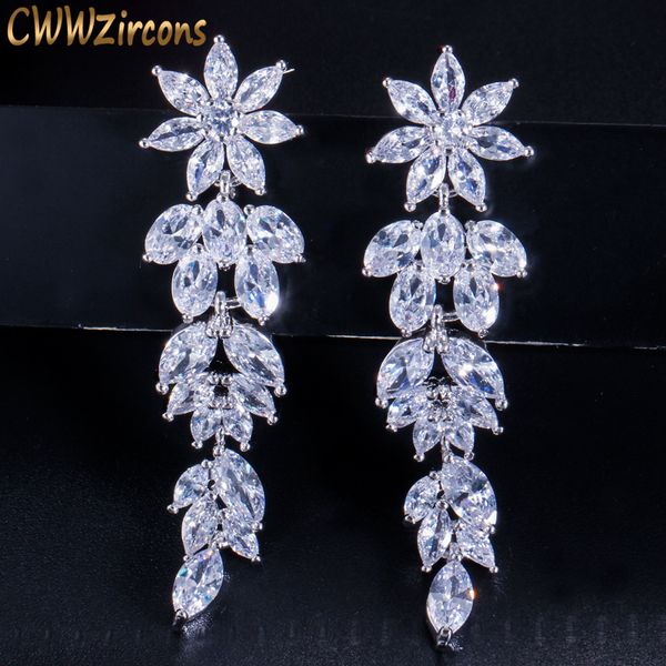 

cwwzircons luxury marquise cluster flower shape cubic zirconia long dangle drop earrings for brides wedding jewelry cz432, Silver