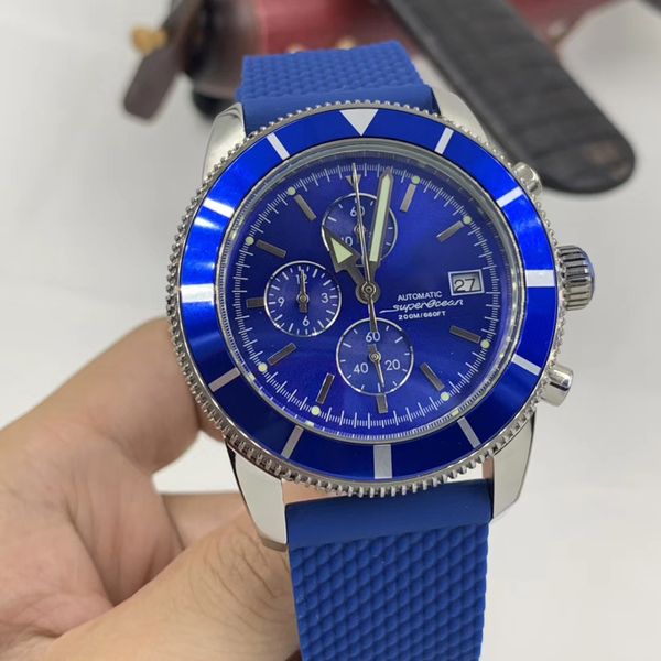 

rotating fluted bezel superocean quartz chronometer mens watches durable rubber band diver watch blue dial luminous index man wristwatches, Slivery;brown
