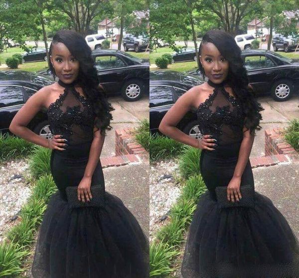 

abendkleider halter neck prom dresses sleeveless sequins applique beaded long mermaid formal party evening dresses prom gowns, Black