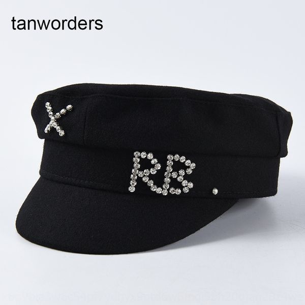 

hat female worker sewing hua jia mao hua jia mao painter diamond letter rb woolen woolen silk newsboy flat ap painter cap, Blue;gray