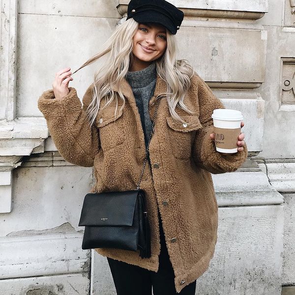 

shibever fleece jacket coat women warm button coat veste femme cardigan female outerwear winter fashion casual jackets adr139, Black;brown