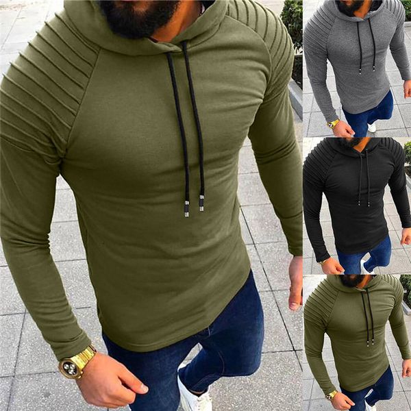 

осень casual mens конструктора толстовка solid color длинные рукава ruched плеча с капюшоном пуловер mens тонкий толстовка, Black