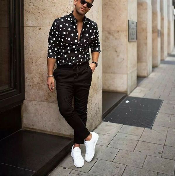 

men vintage polka dot shirt autumn long sleeve shirt blouse casual formal slim 2020 new hot, White;black