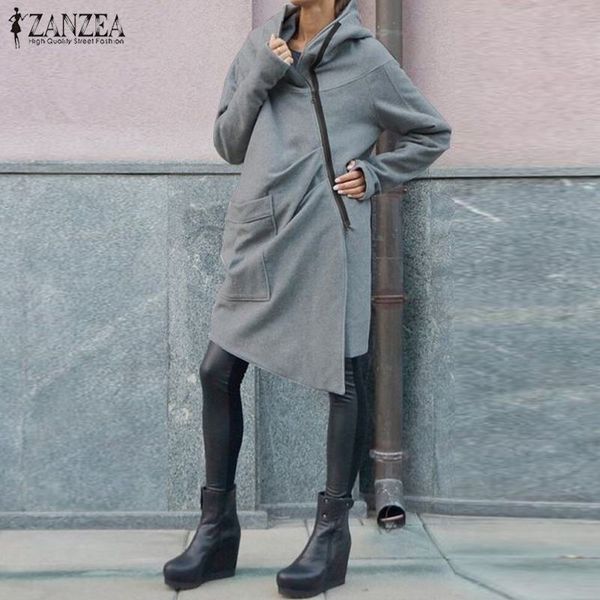 

zanzea women winter turtleneck long sleeve sweatshirt coats zipper hoodies jackets female irregualr outwear casual fleece coats7, Black;brown