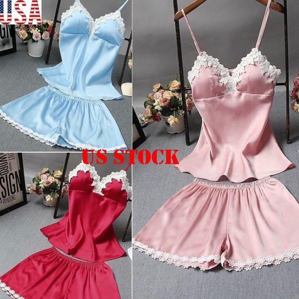

women ladies summer 2pcs lingerie women silk lace pajama sets sleeveless nightgown sleepwear pajama set, Blue;gray