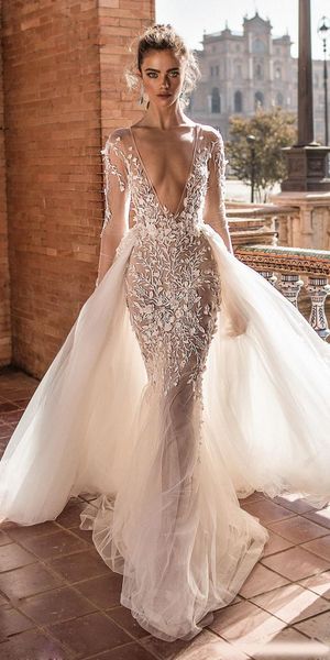 

berta mermaid wedding dresses with detachable train lace applique deep v neck beach wedding gowns sweep train long sleeve bridal, White