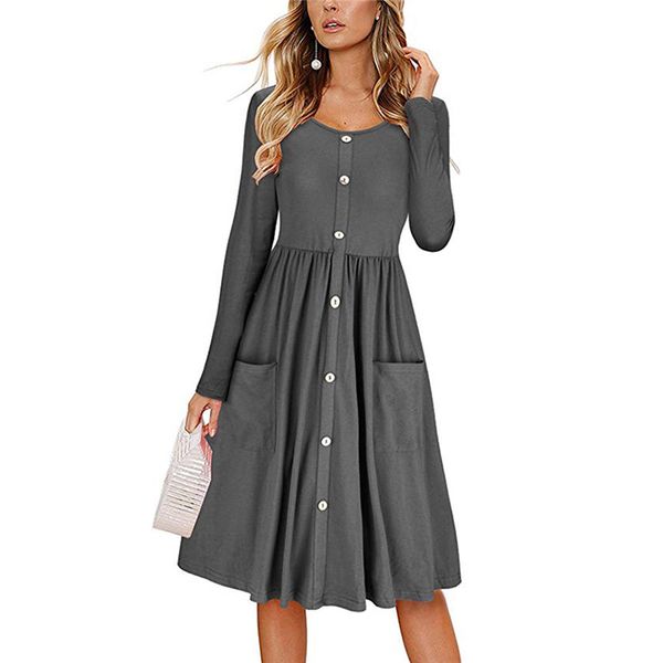 

2020 осеннее платье новое поступление женщины с длинным рукавом o образным вырезом вечернее платье мода дамы кнопка карман миди платья сараф, Black;gray